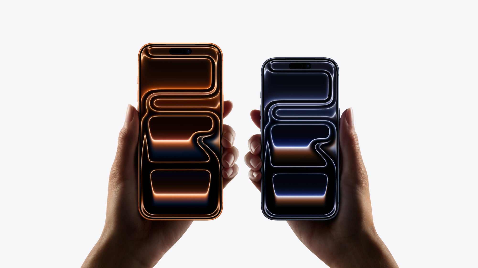 Two hands holding smartphones with a dark background